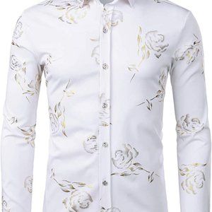 (NEW) Men's White Metallic Rose Long Sleeve Dress Shirt - Large